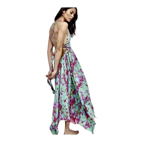 FREE PEOPLE Summer Nights Floral Pink Fuchsia Teal Maxi Dress Size Small - Picture 12 of 16
